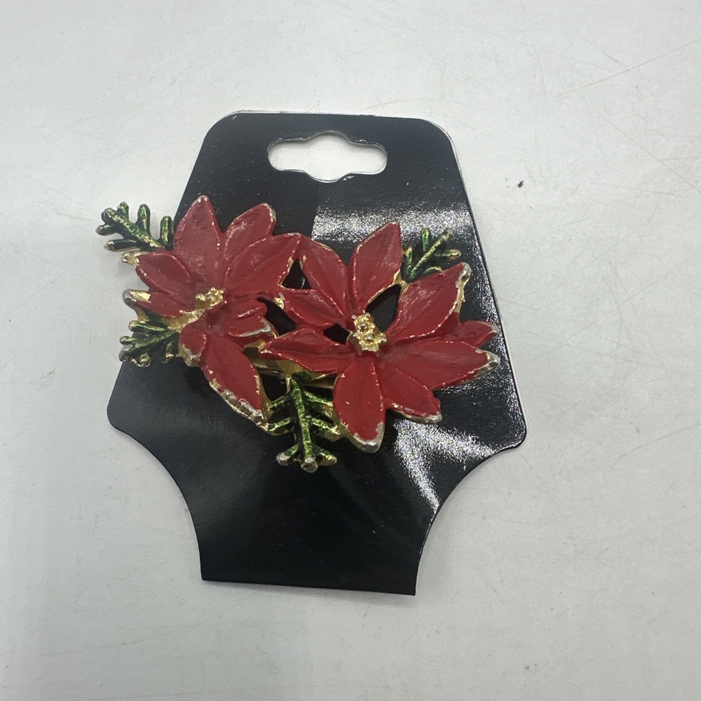 Christmas Poinsettia Brooch Red Enamel General Metal Vintage‎